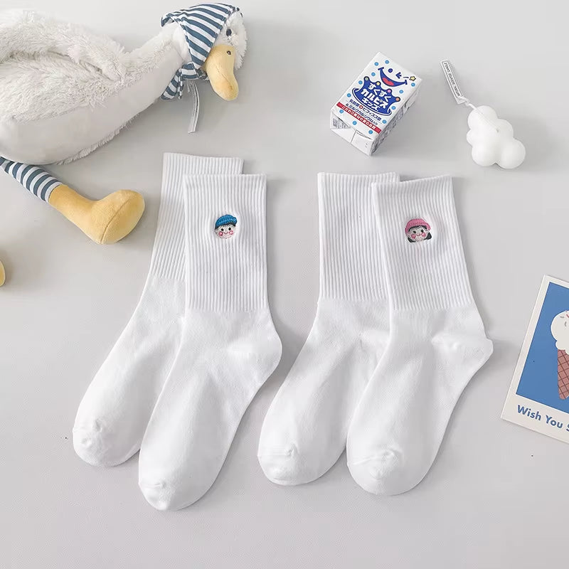 Embroidery Fashion Women Black White Butterfly Dog Cat Hip Hop Simple Long Street Skateboard Spring Autumn Socks for Girls