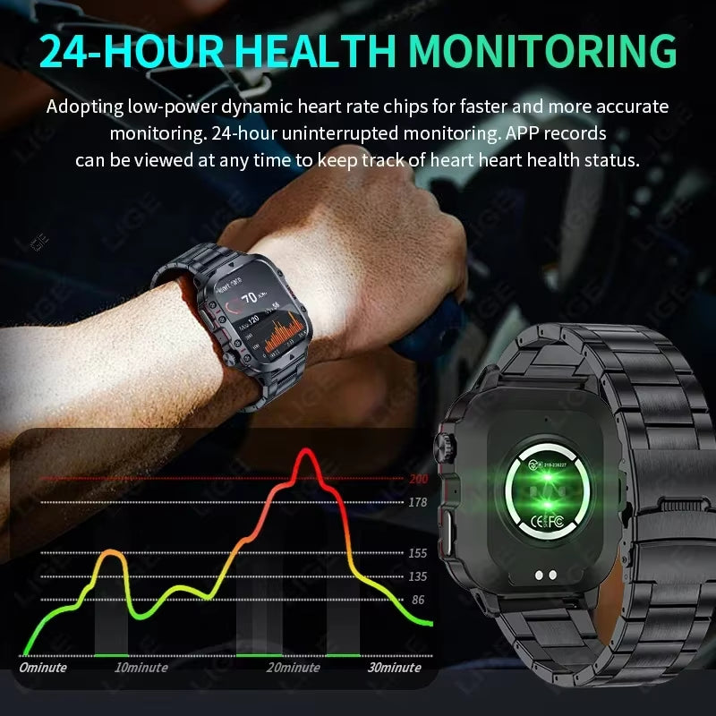 2025 Rugged Military Smart Watch for Men - Outdoor LP68 Waterproof Smartwatch with 2.01" Display, AI Voice, and Bluetooth Calling for Android Devices