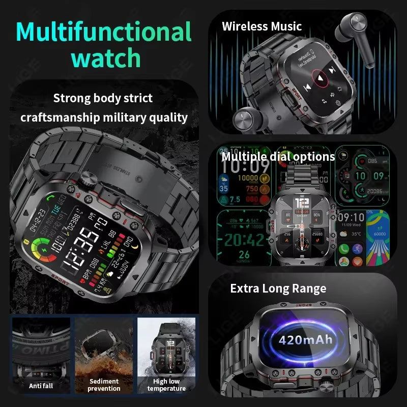 2025 Rugged Military Smart Watch for Men - Outdoor LP68 Waterproof Smartwatch with 2.01" Display, AI Voice, and Bluetooth Calling for Android Devices
