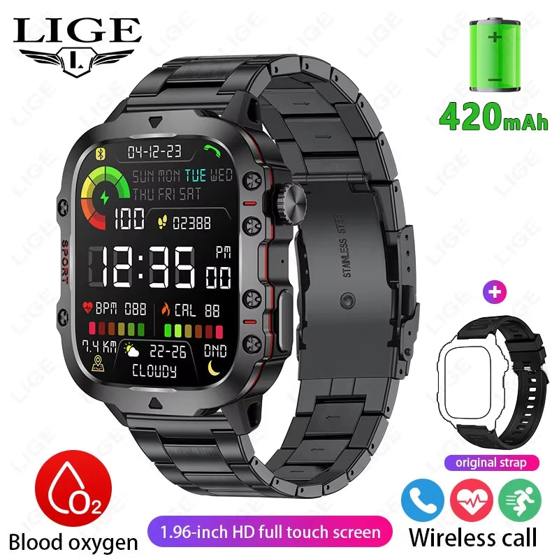 2025 Rugged Military Smart Watch for Men - Outdoor LP68 Waterproof Smartwatch with 2.01" Display, AI Voice, and Bluetooth Calling for Android Devices