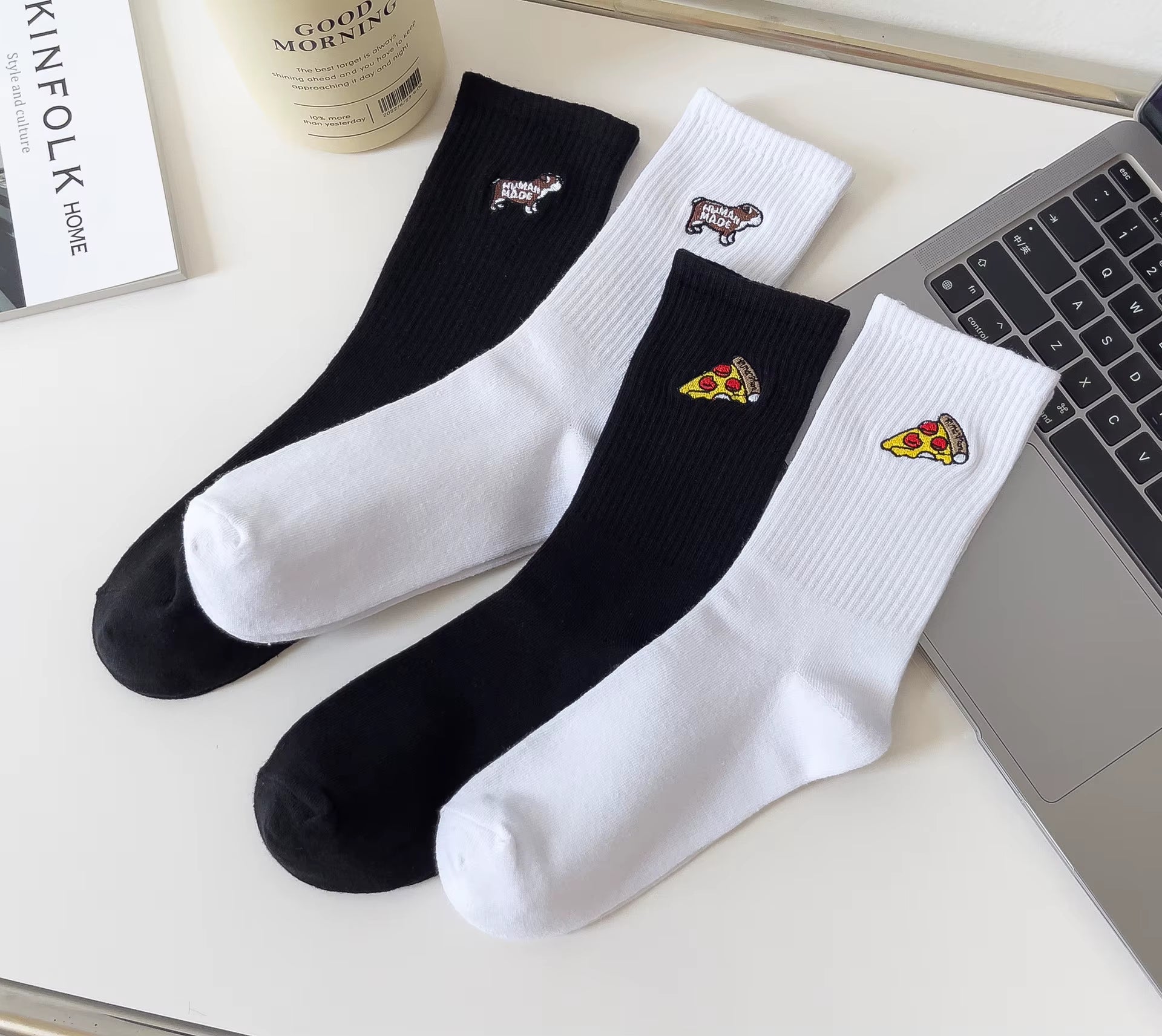 Embroidery Fashion Women Black White Butterfly Dog Cat Hip Hop Simple Long Street Skateboard Spring Autumn Socks for Girls