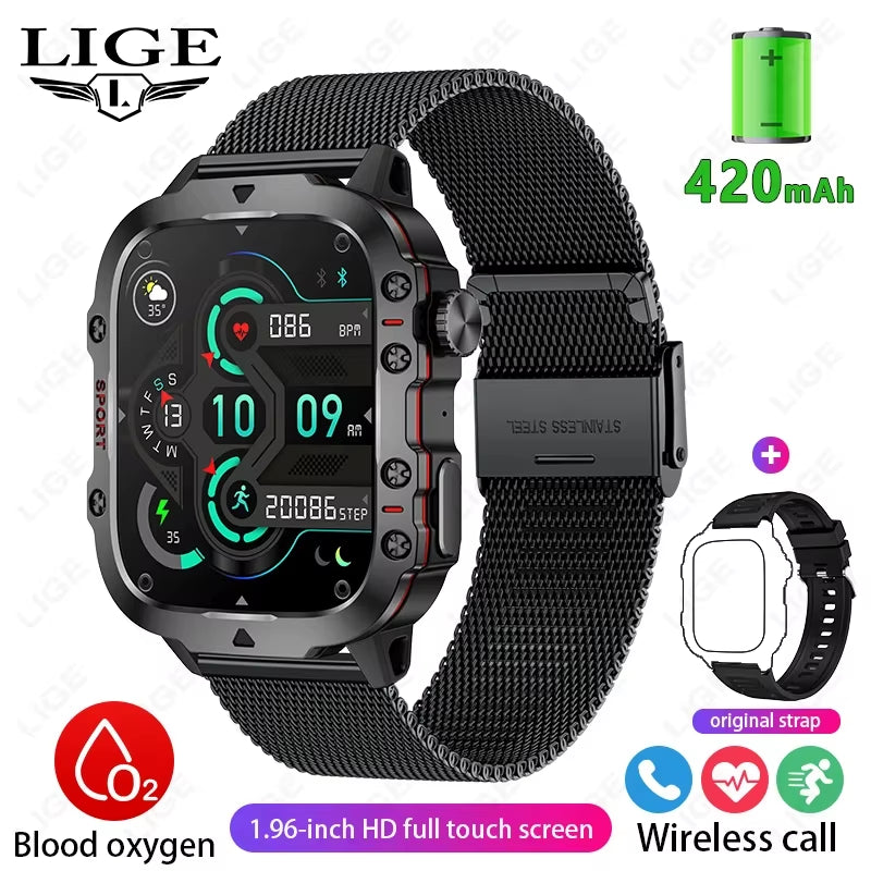 2025 Rugged Military Smart Watch for Men - Outdoor LP68 Waterproof Smartwatch with 2.01" Display, AI Voice, and Bluetooth Calling for Android Devices